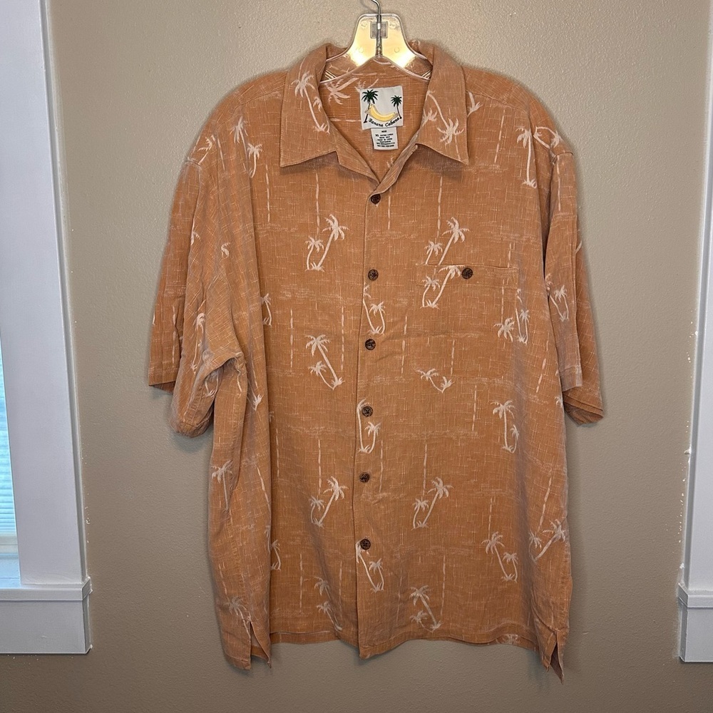 Banana Cabana 100% Silk Casual Tan Palm Tree Button Down Shirt Size XL